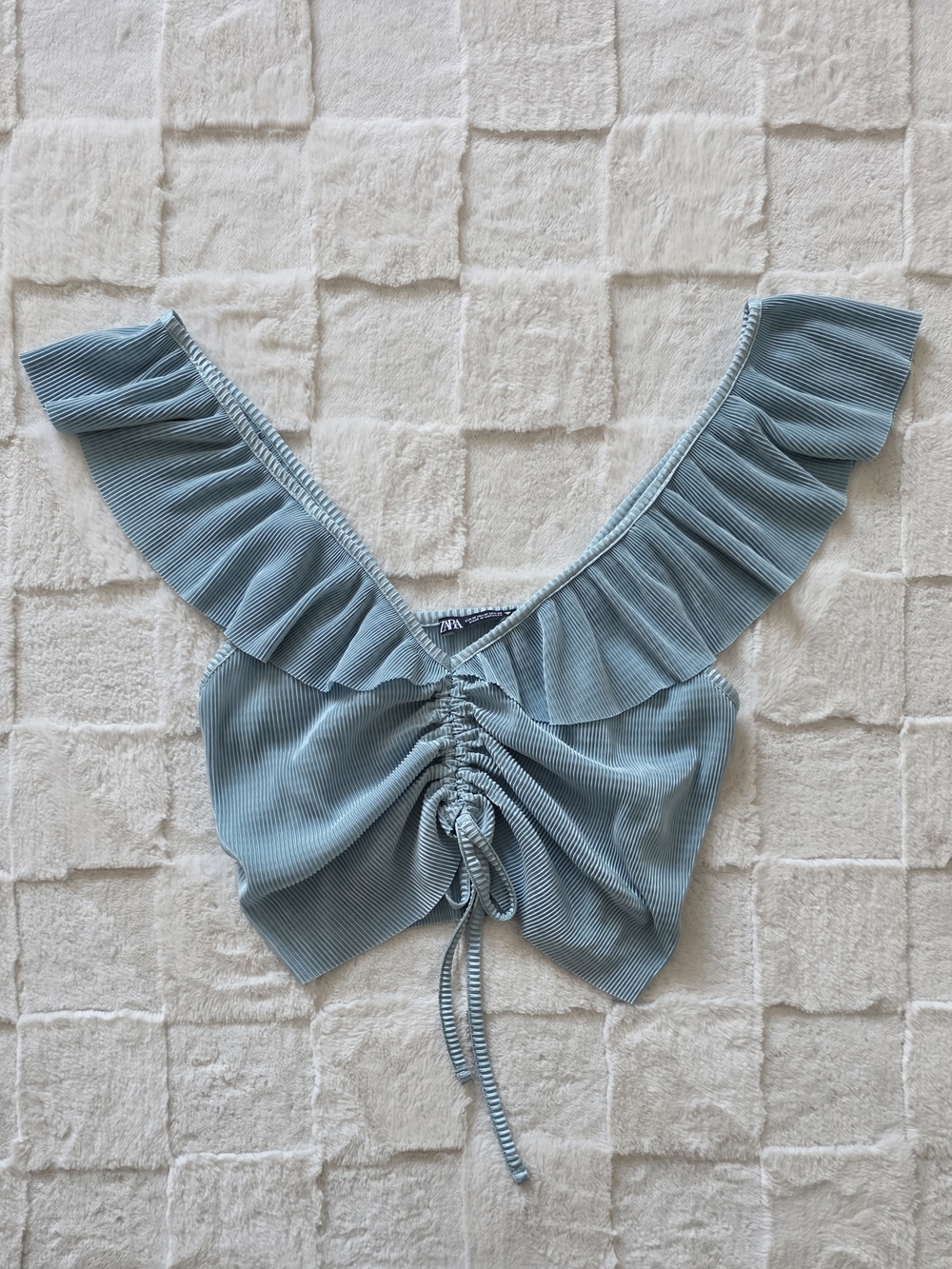Zara Teal Ruffle-Trim Drawstring Crop Top - Picture 2 of 5